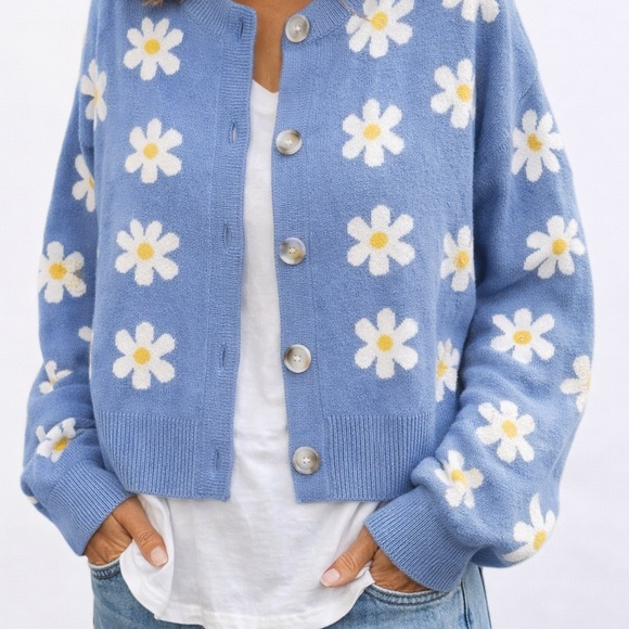 Willow & Wind Sweaters - Willow & Wind Blue Daisy Knit Cardigan Sweater Women’s Medium Cottagecore